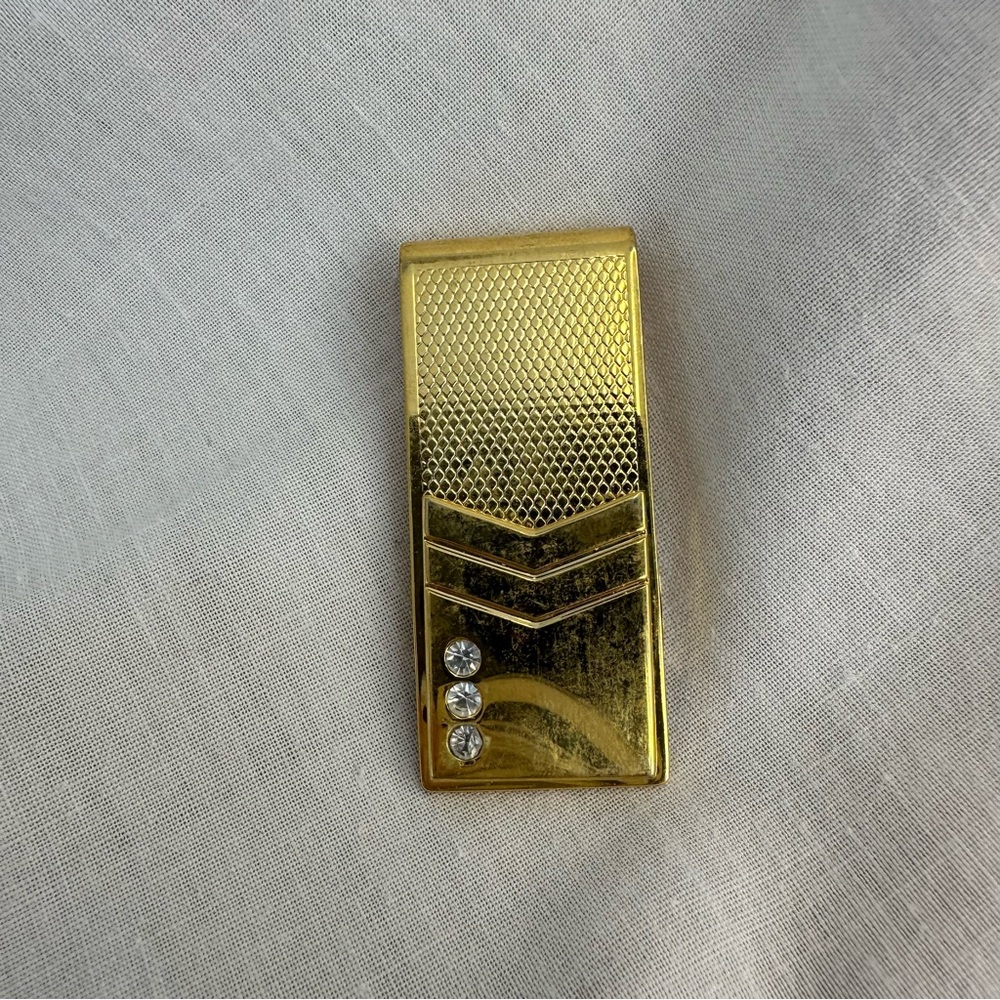 Gold Tone Rectangular Money Clip with Rhinestones